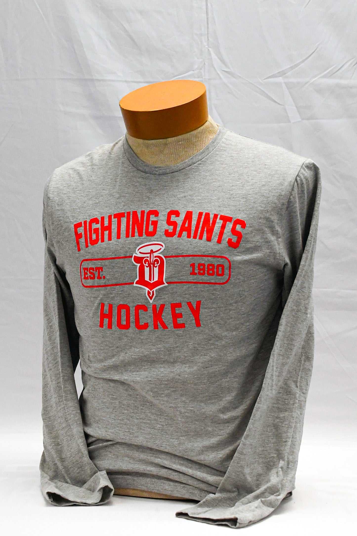 Adult Grey Long Sleeve Shirt "Sleeve" Dubuque Fighting Saints Merchandise